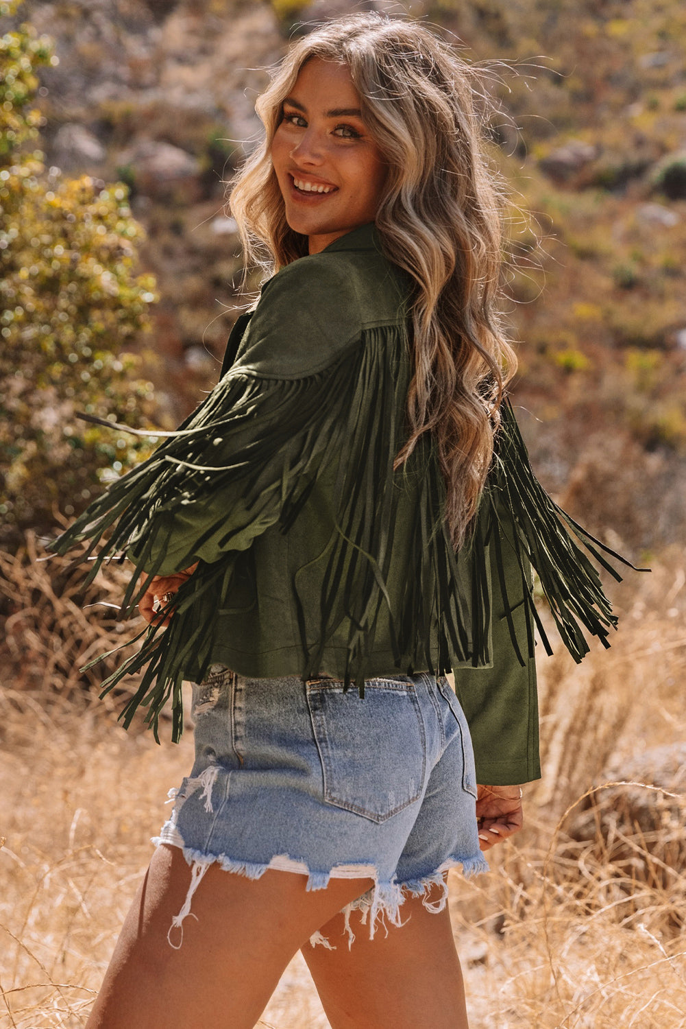 Fringe Faux Cropped Faux Suede Jacket in Green