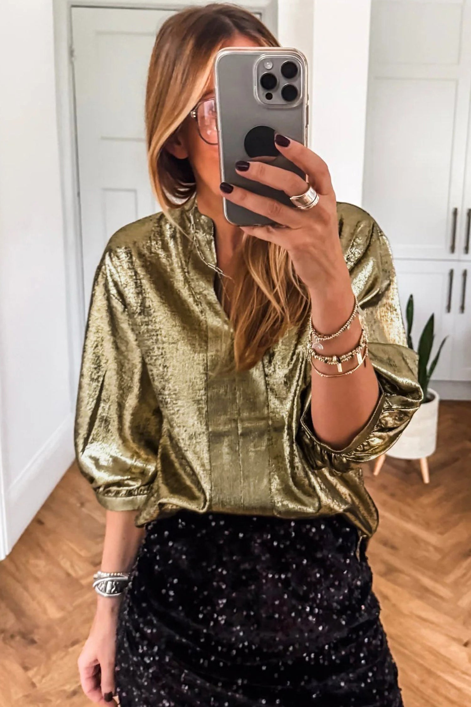 Metallic Half Split Neck Sleeve Blouse