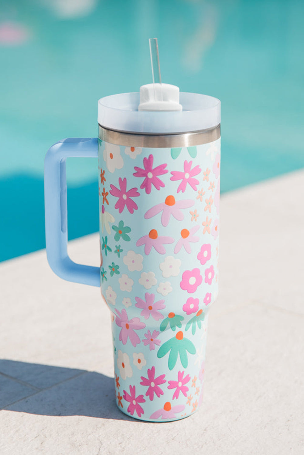 Cute Flower Pattern Handled Cup with Straw 40oz