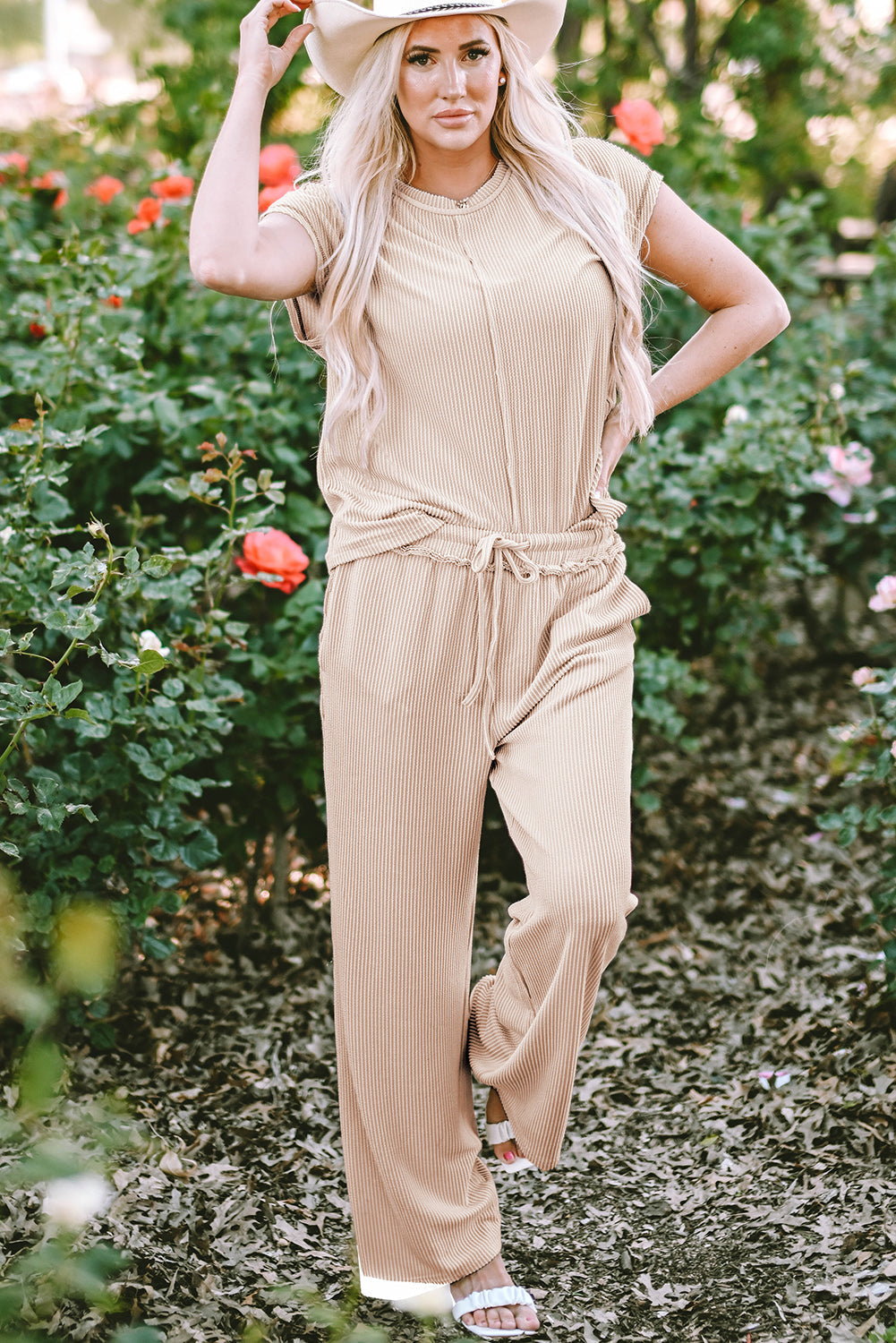 Women's Tee Pants 2-Piece Seam Rib-Knitted Outfit