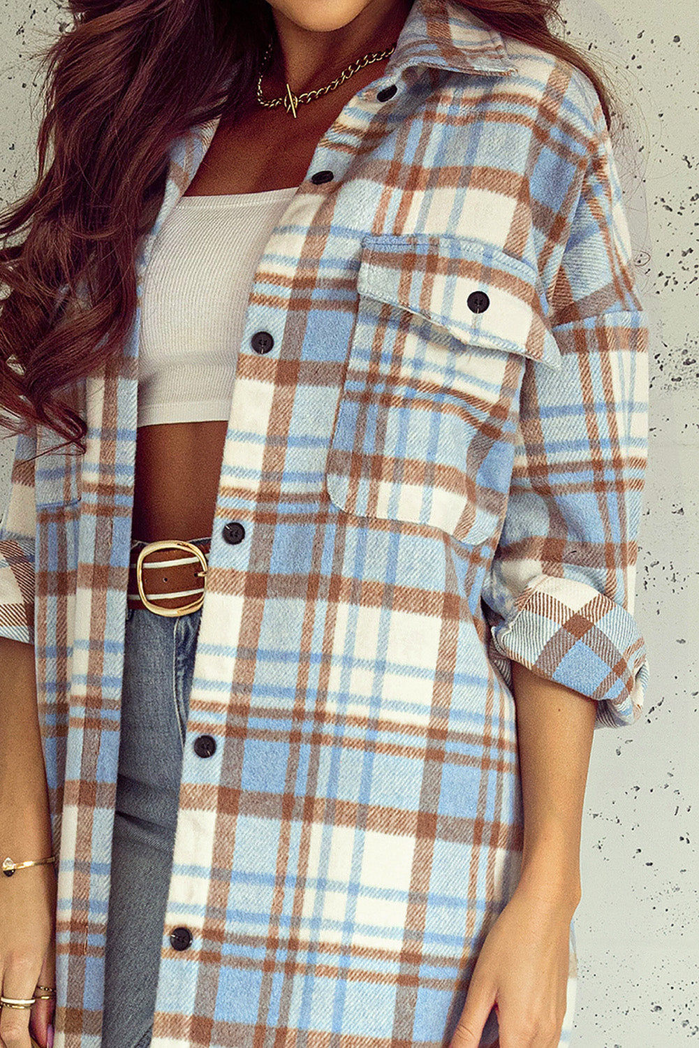 Women's Shacket Featuring Pocket Plaid Flap