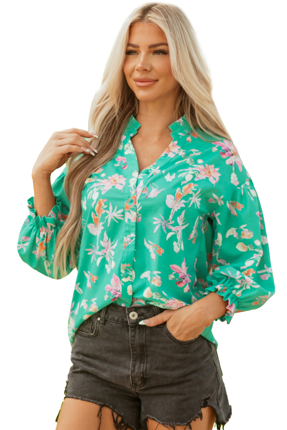 Floral Button Lantern Sleeve Front Shirt