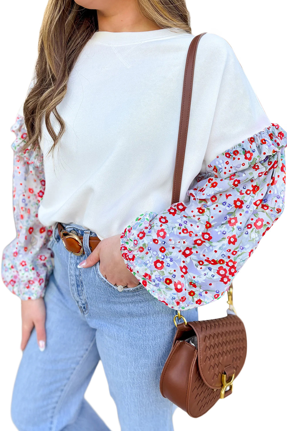 Ruffled Balloon Floral Balloon Sleeve Patchwork Loose Blouse