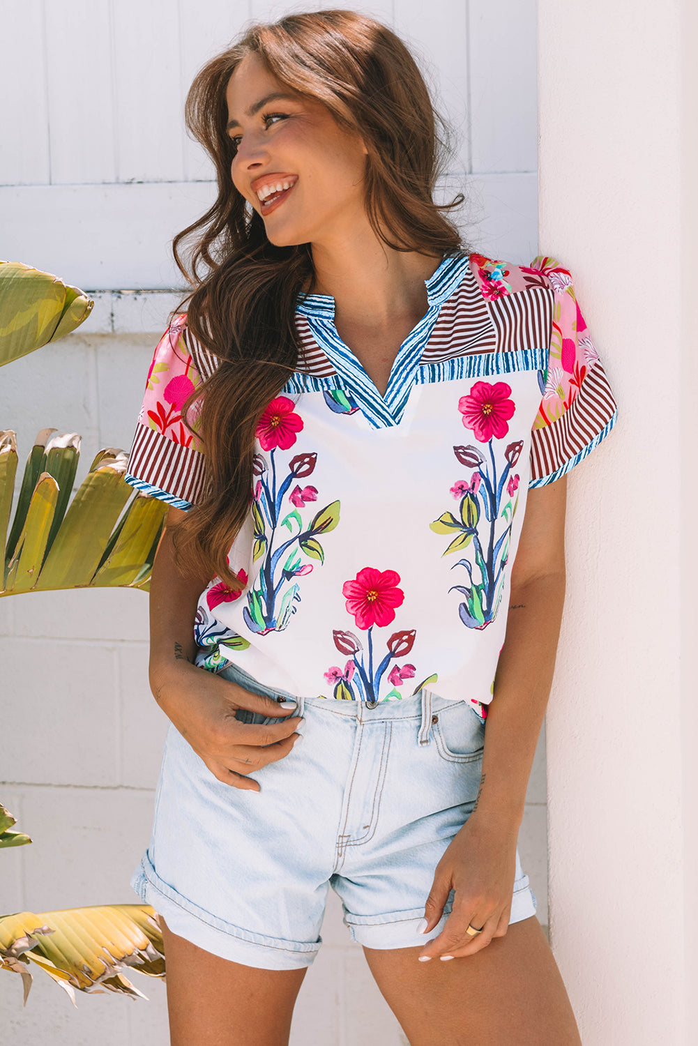 Floral Short-Sleeved Striped Patchwork Split Neck Blouse