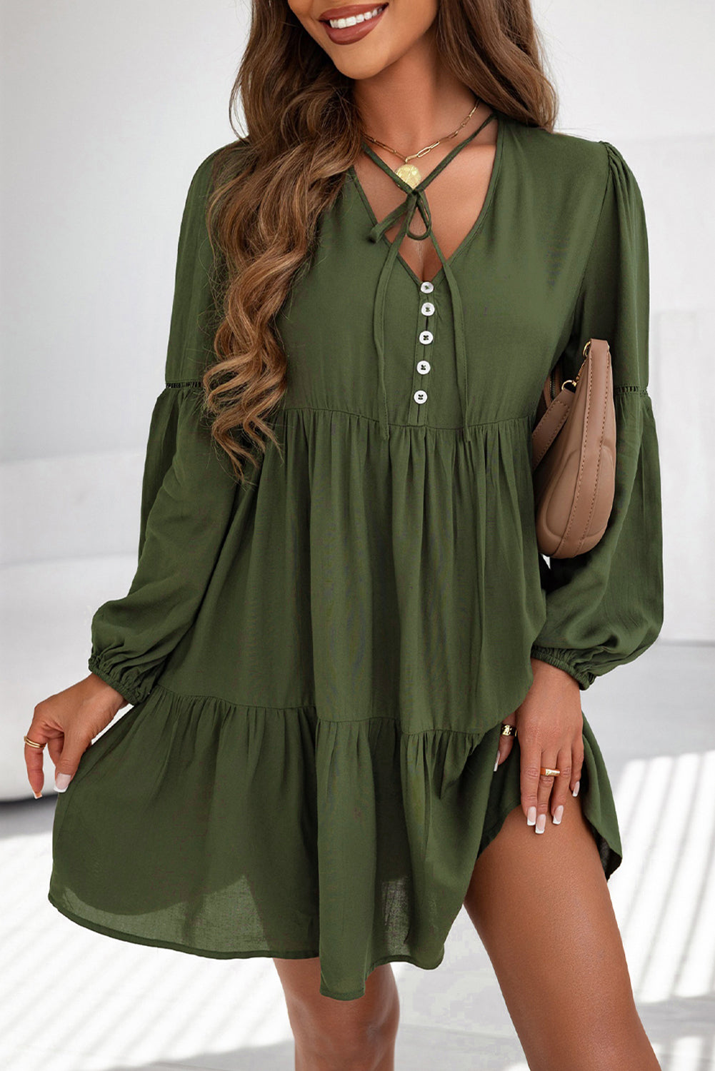 Women's Mini Dress with Layered Ruffle-Trimmed Lace-Trimmed Balloon Sleeve
