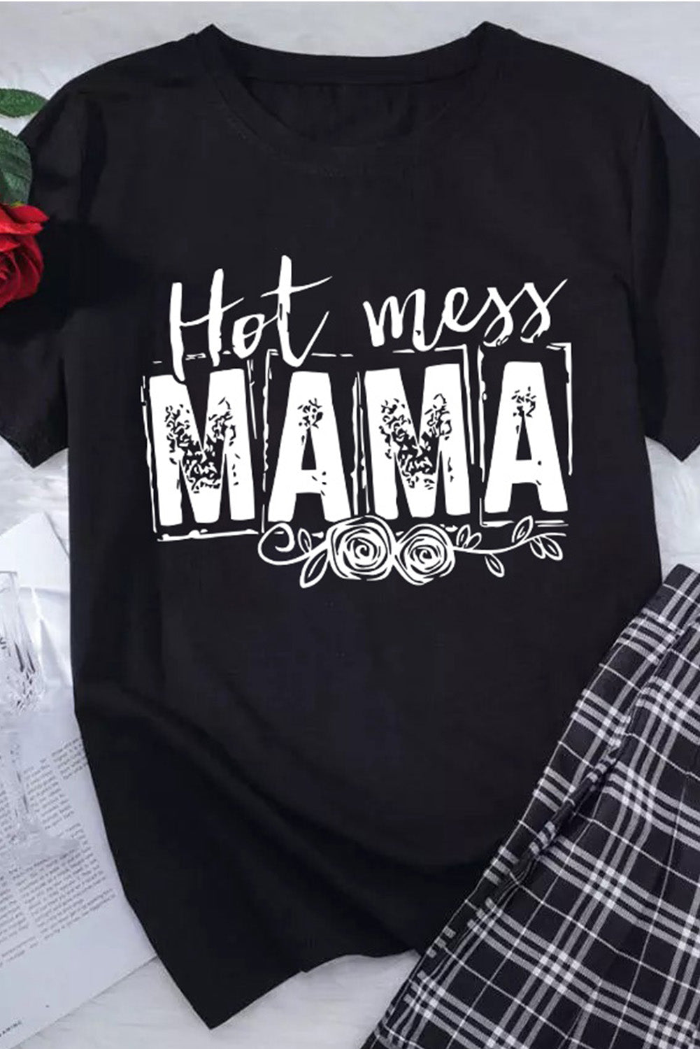 Women's T Shirt with MAMA Hot Mess Graphic-Print Print Short-Sleeve