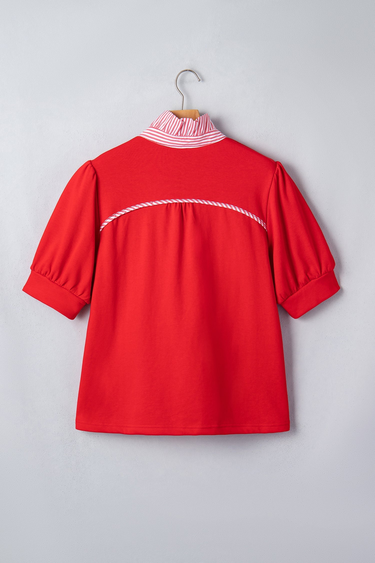 Striped Short-Sleeved Frilled Collar Blouse in Fiery Red