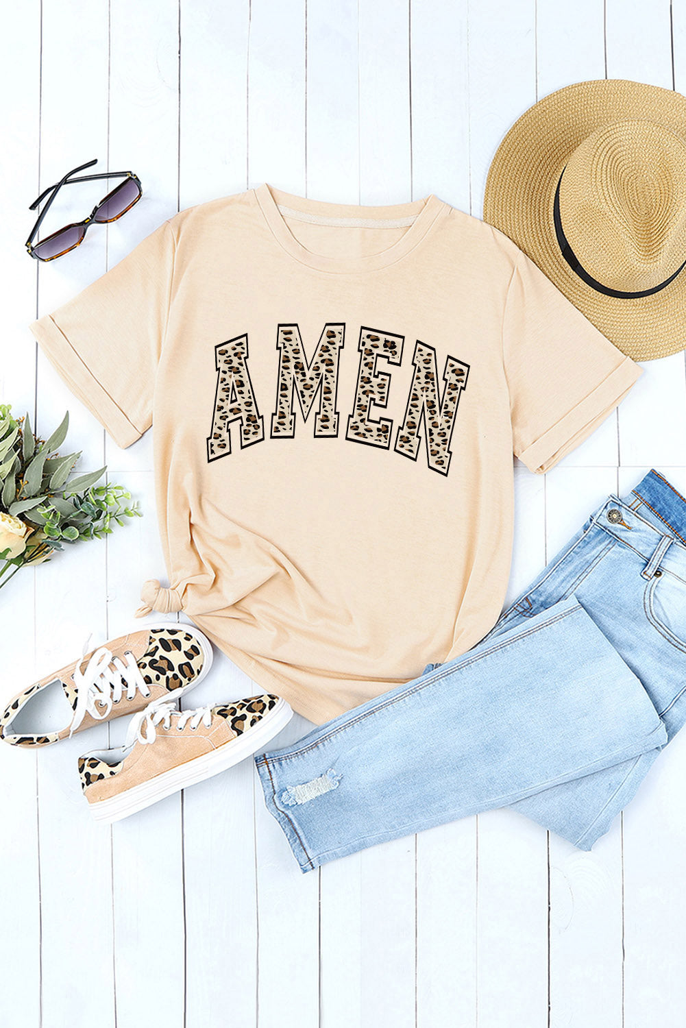 Women's T Shirt with Leopard-Print AMEN Graphic-Print