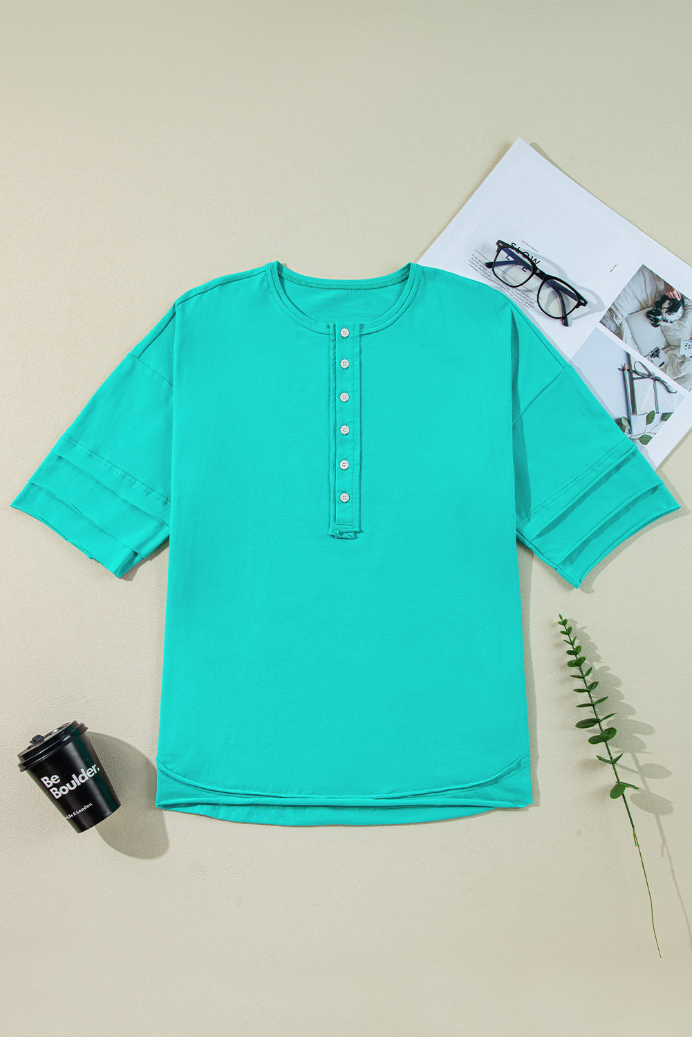 Mint Green Half Sleeve Buttons Henley Top