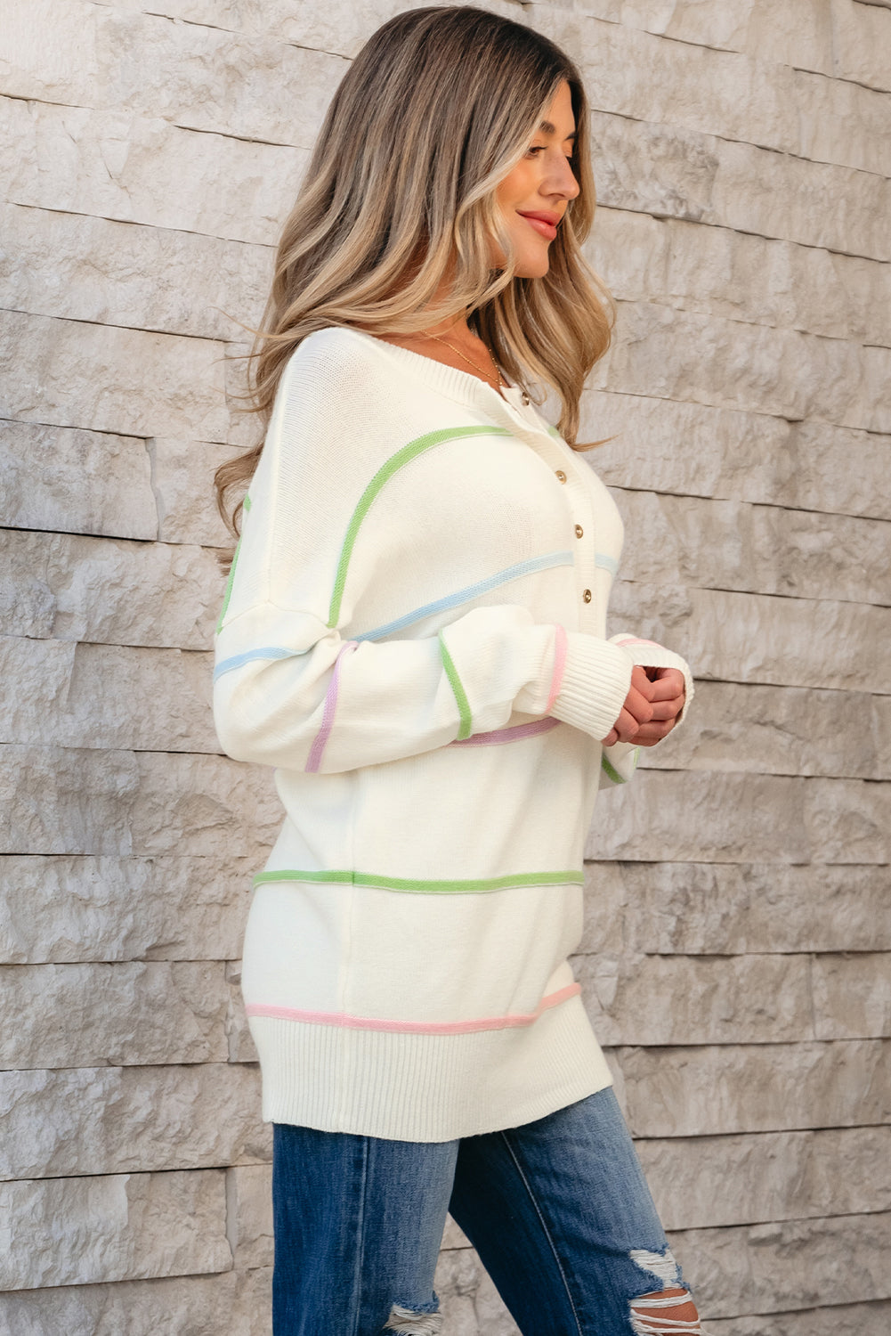 Rainbow Stripes Baggy Henley Sweater
