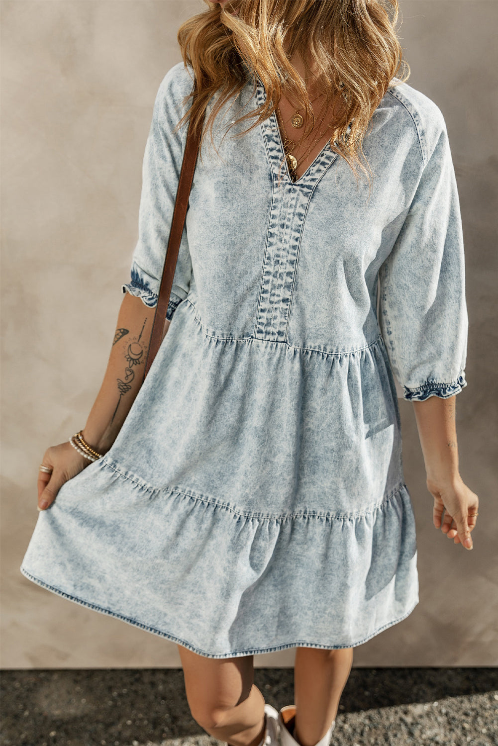 Dress for Women Denim Wash Retro Half Sleeve