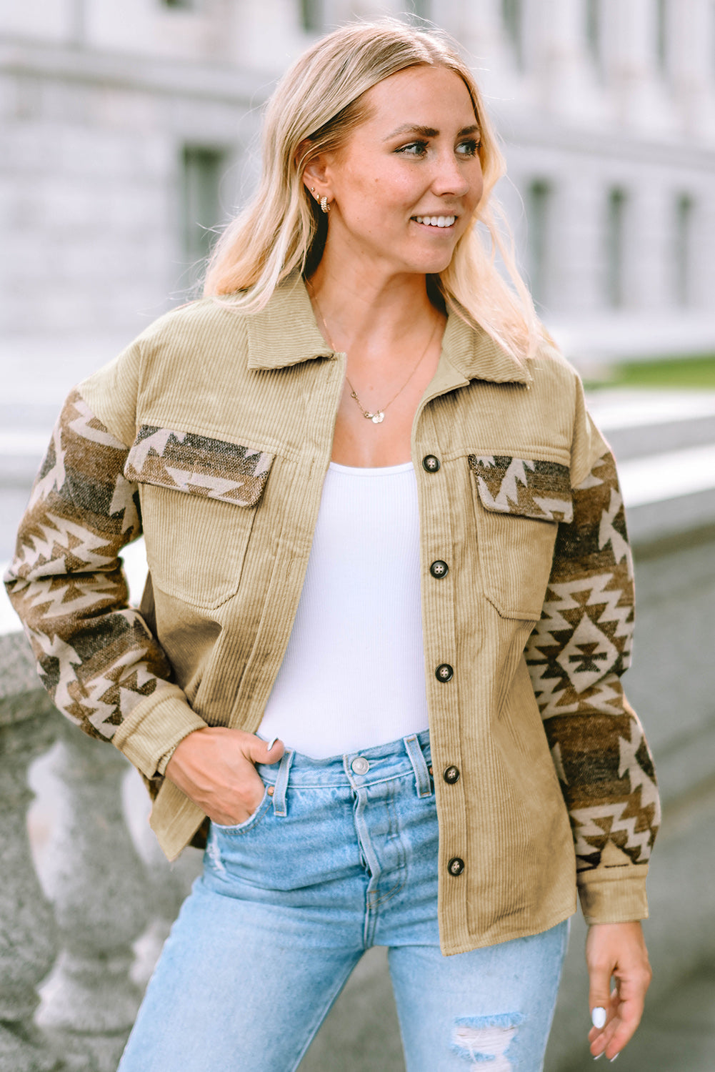 Women's Aztec-Pattern Patchwork Frayed Edge Khaki Cord Jacket