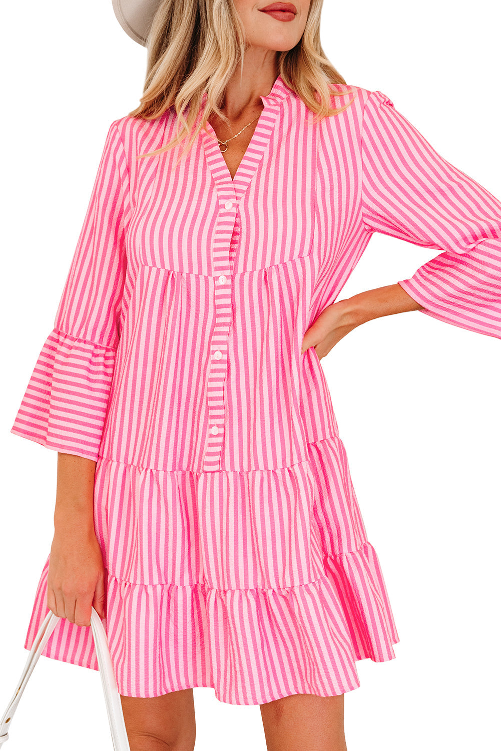 Half Flare Sleeve Placket Tiered Flowy Mini Dress