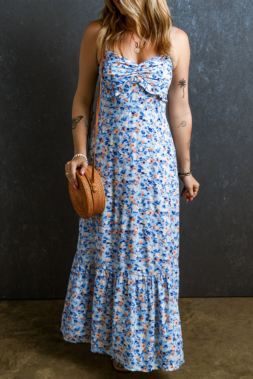 Women's Ruffle-Trimmed Ruched Floral-Print Maxi Dress