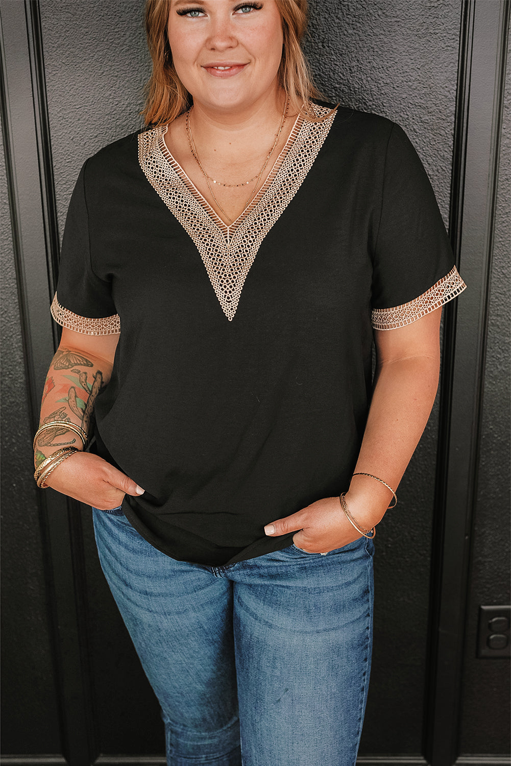 Women's Plus Size Lace-Trimmed Trim V Neck Top