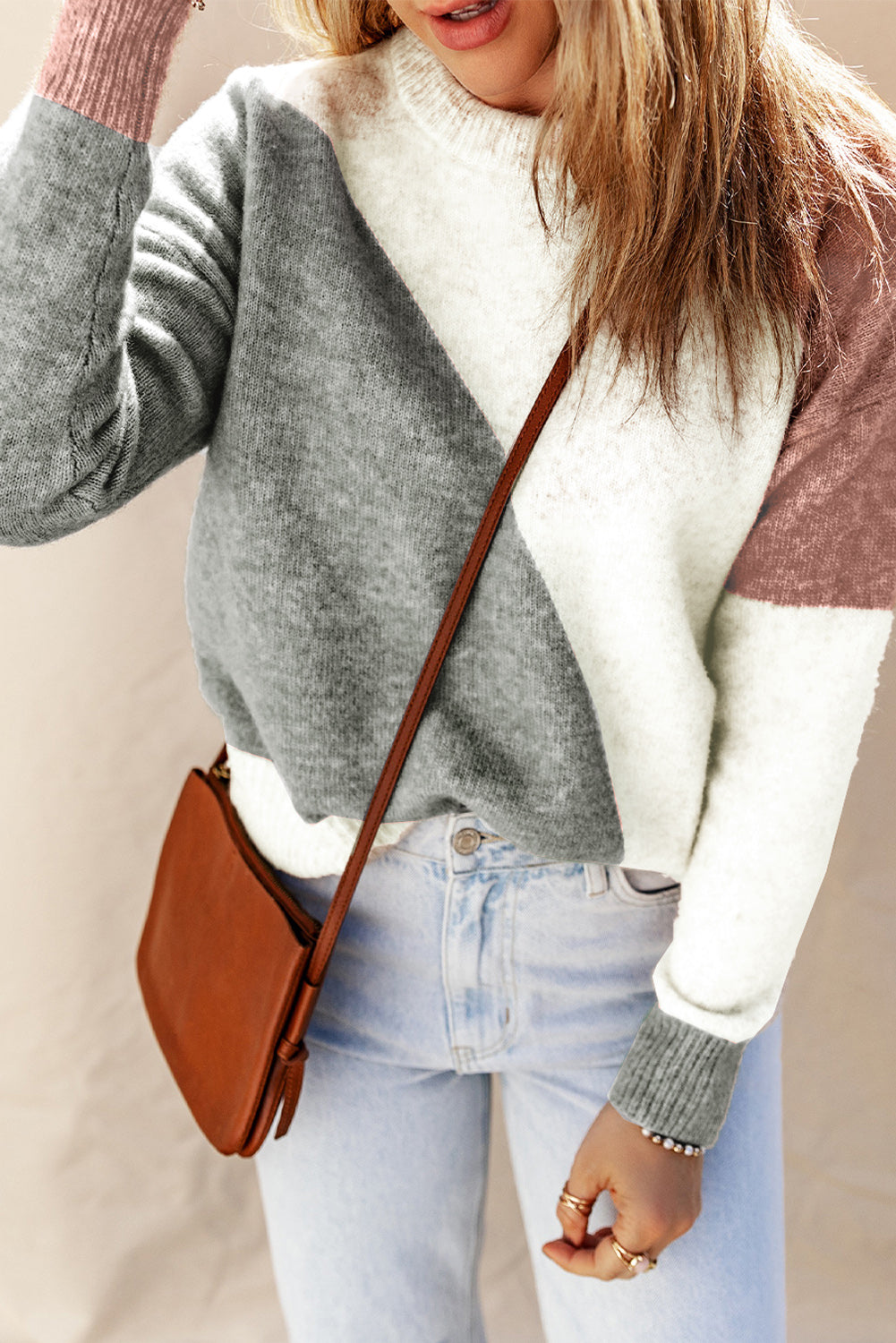 Women's Sweater Featuring Rib-Knitted Trim Round Neck