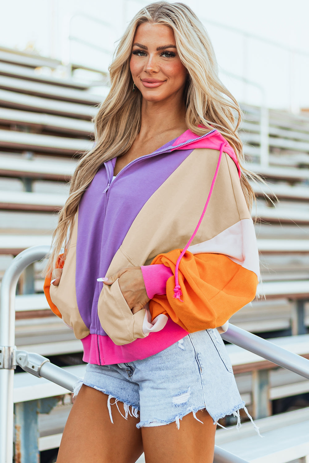 Oversized Colorblock Patchwork Full Zipped Hoodie