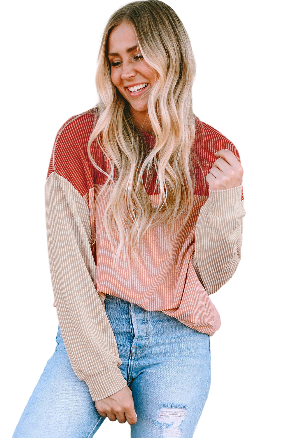 Women's Top Featuring Long-Sleeve Rib-Knitted Loose