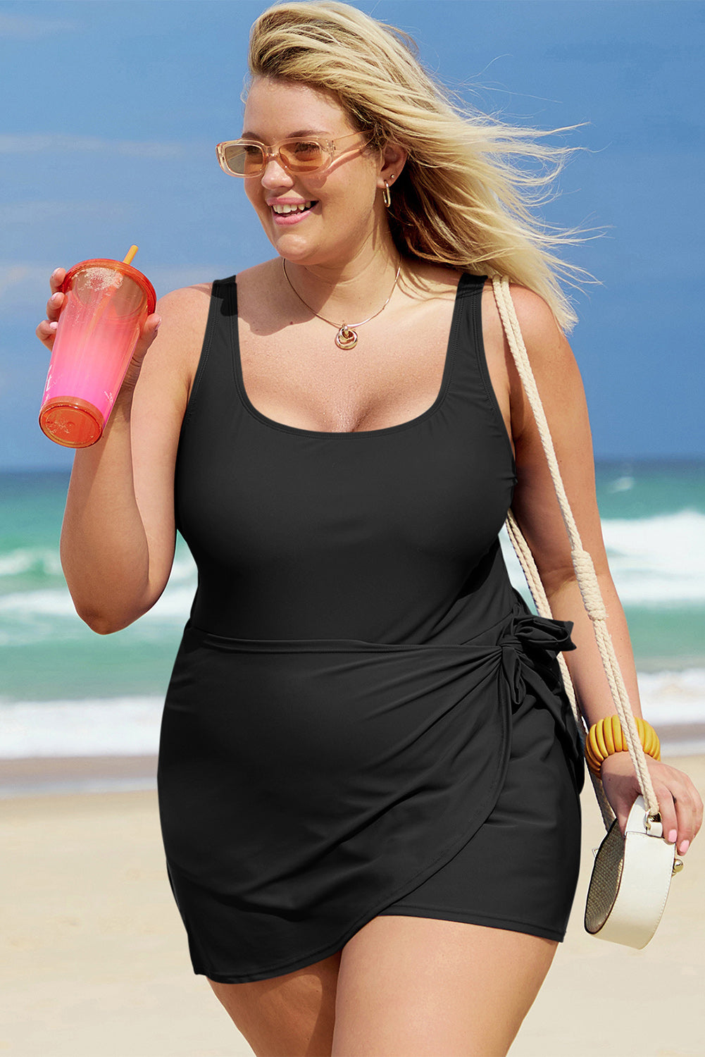 Black Square Neck Knotted Plus Size One Piece Swimsuit