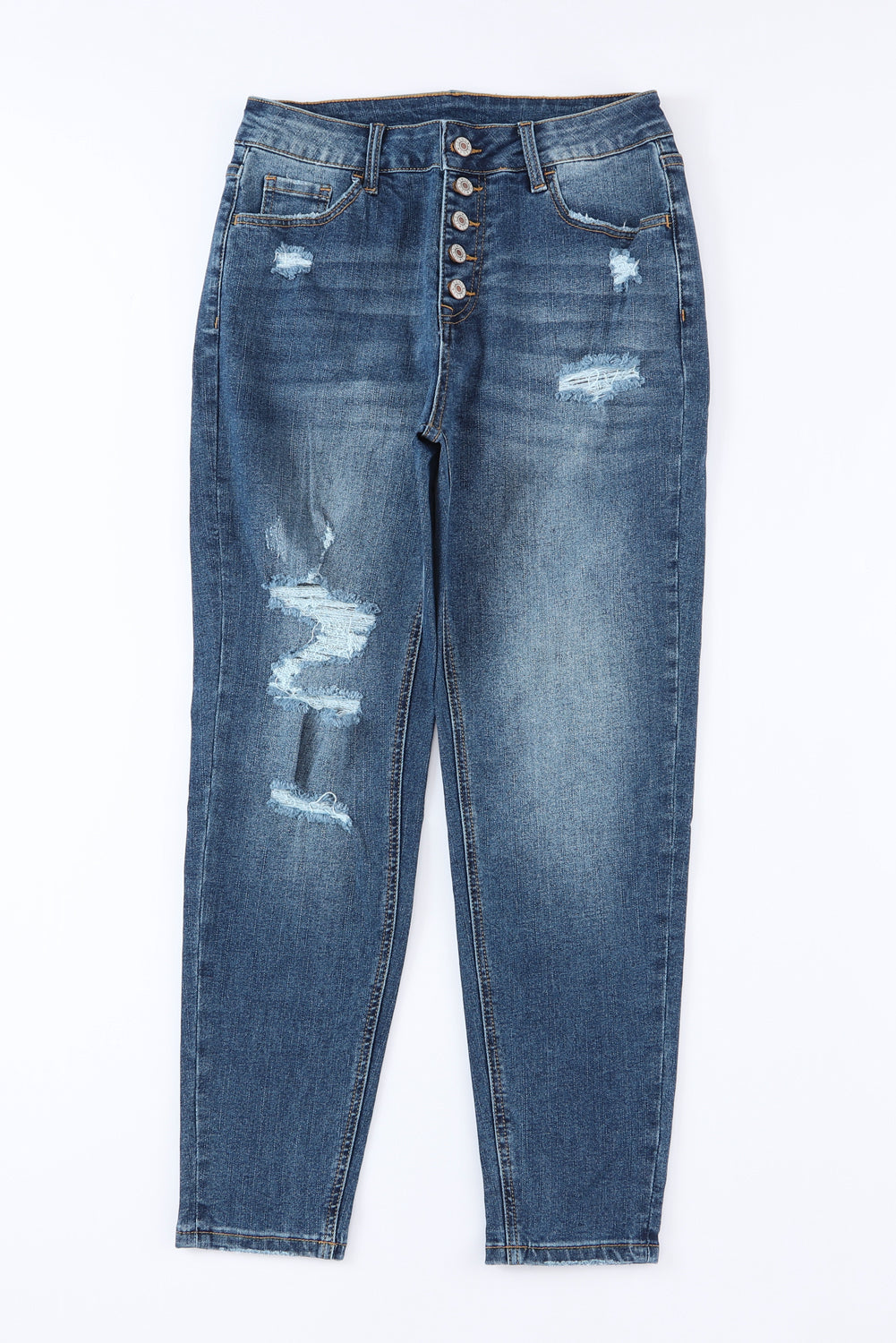 Women's Jeans Featuring Fly High-Rise Distressed Button