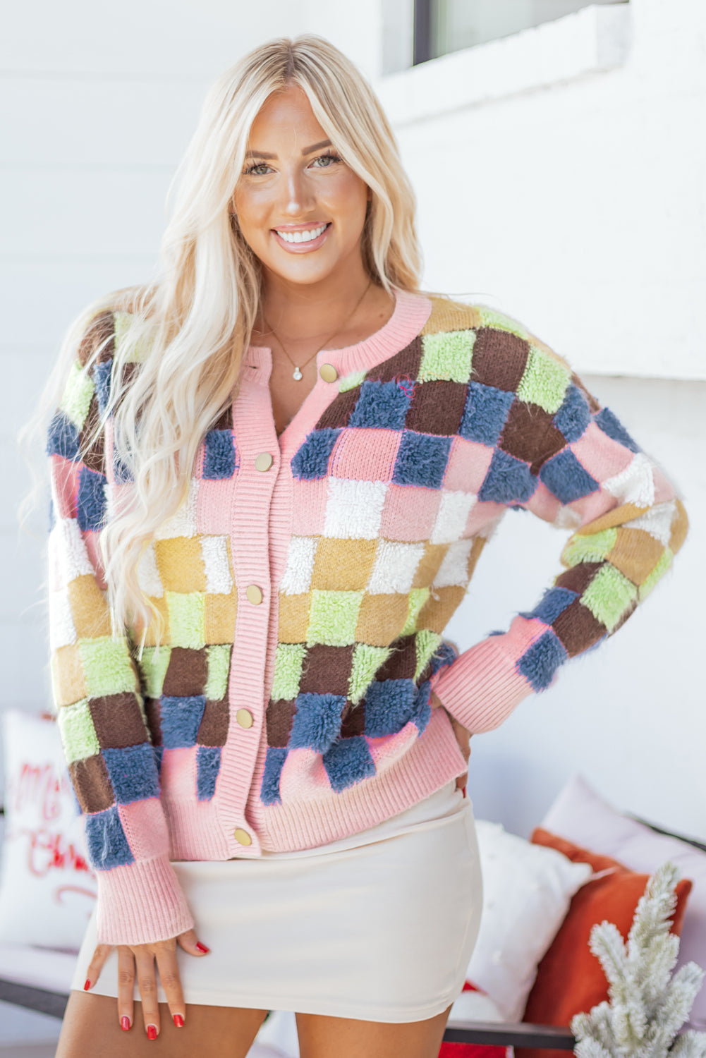 Plush Button Checkered Pattern Front Cardigan Knit Top in Multicolour