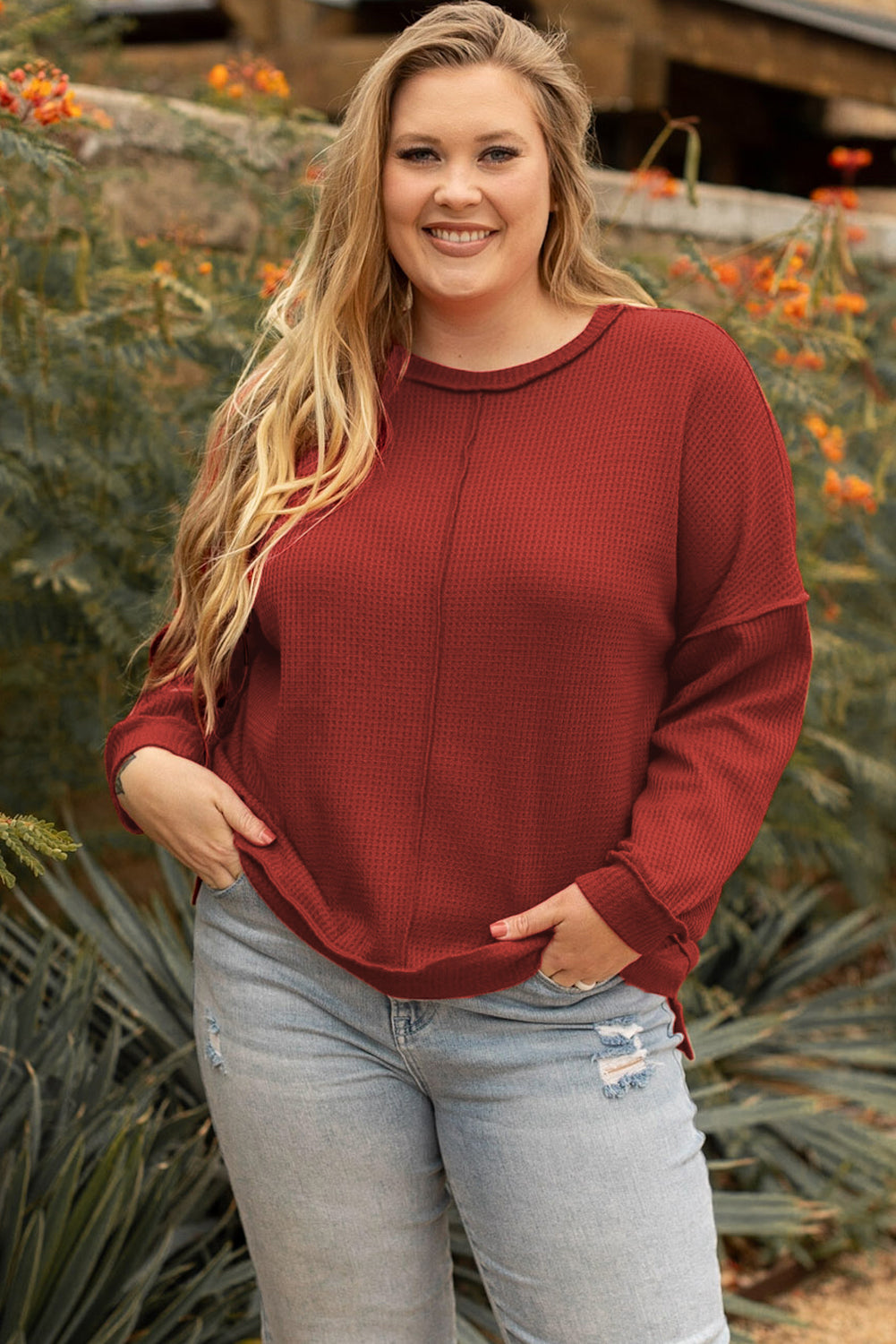 Top for Women Plus Size Waffle Knitted