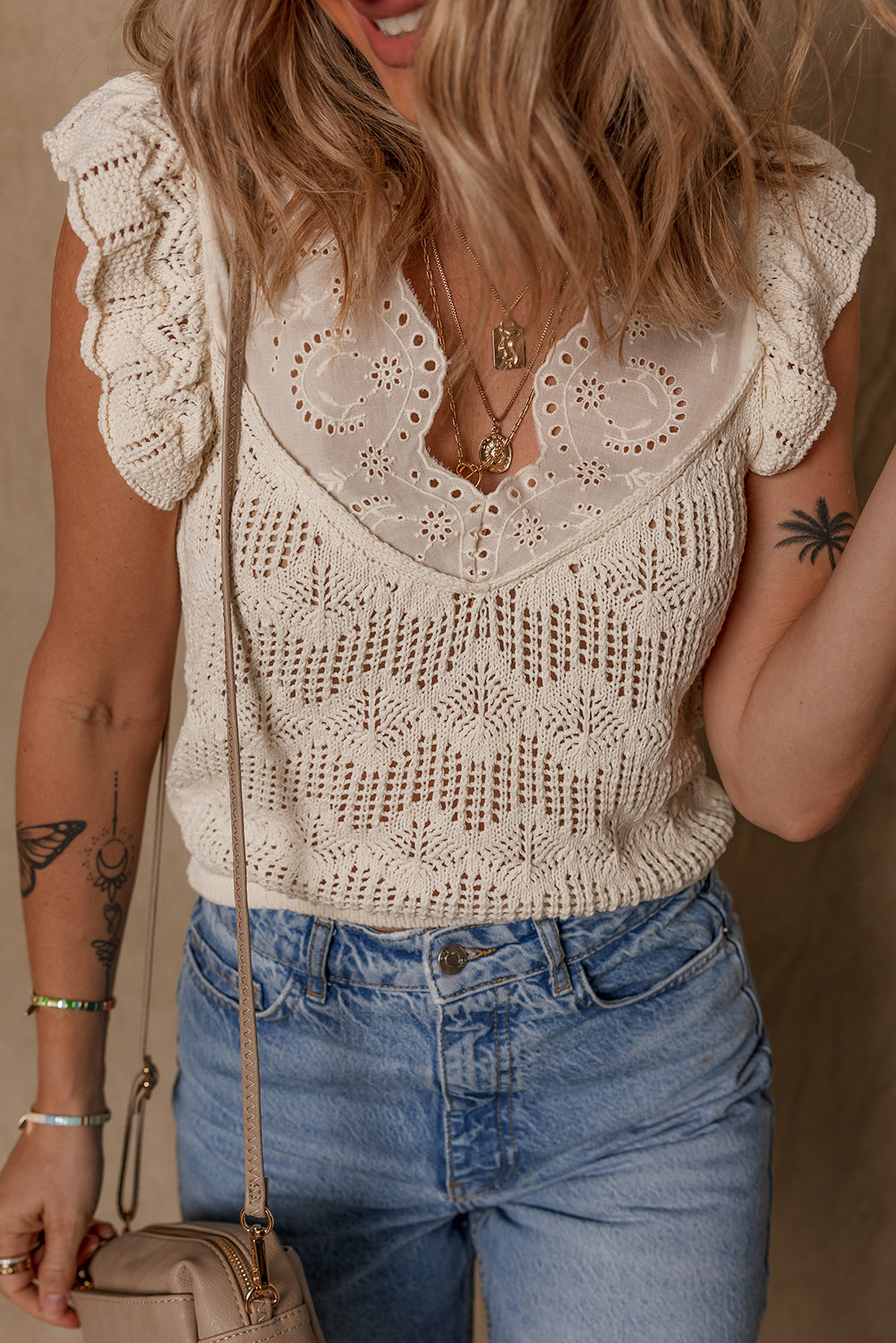 Chic Crochet Embroidered Lace Ruffle Tank Top