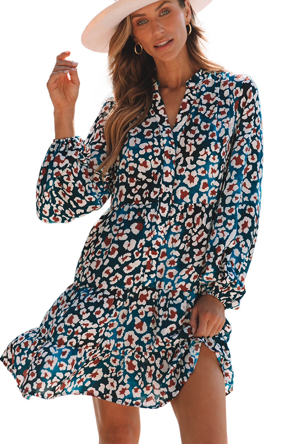 Women's Ruffle-Trimmed Bubble Sleeve Shirt Dress