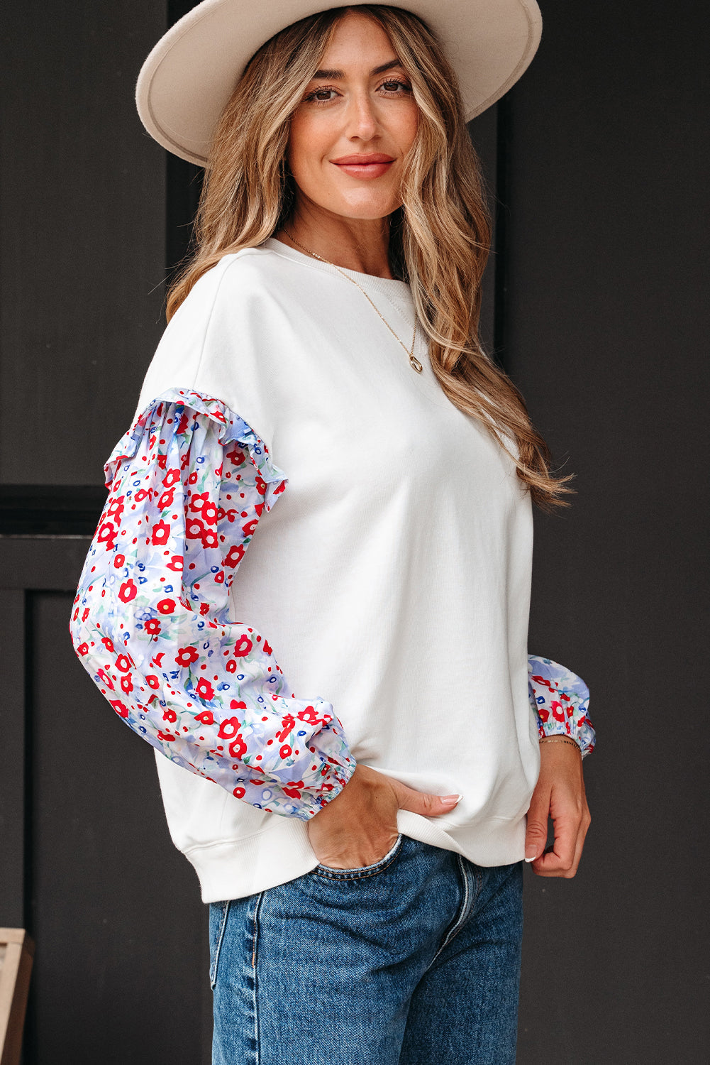 Ruffled Balloon Floral Balloon Sleeve Patchwork Loose Blouse