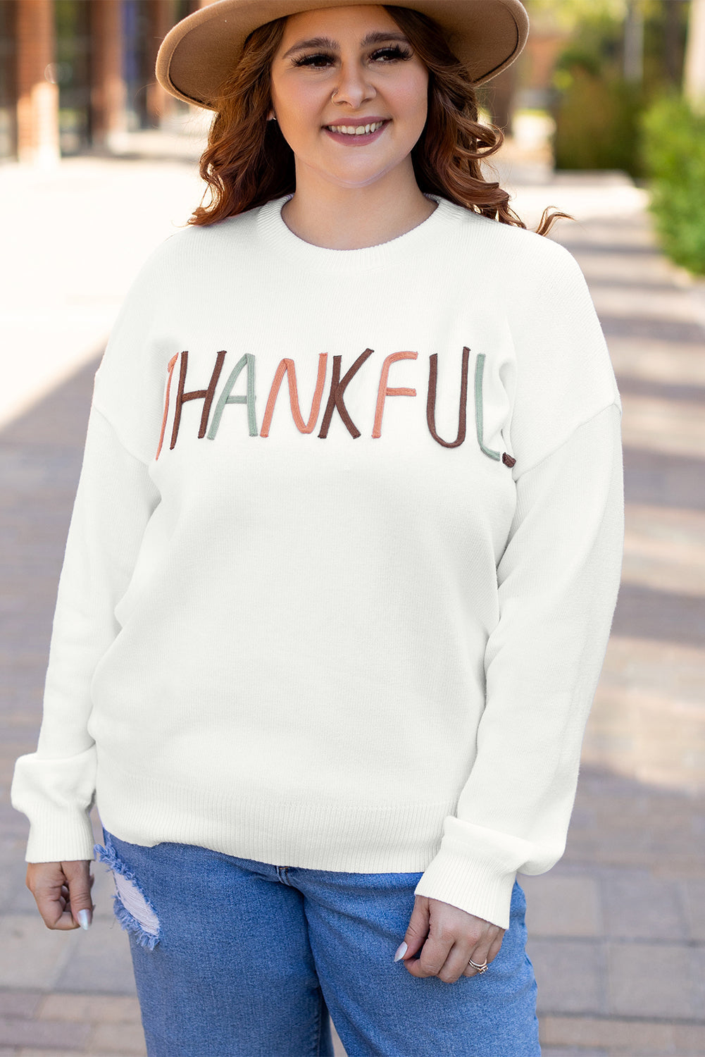 Plus Size Thankful Ivory Embroidered Sweater