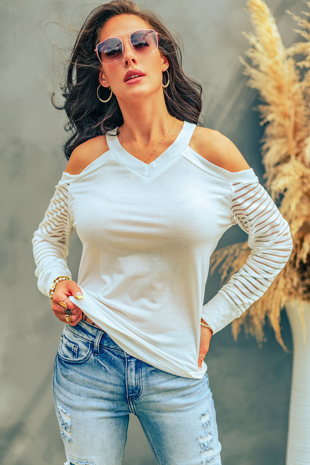 Women's Mesh Striped Long-Sleeve T-shirt