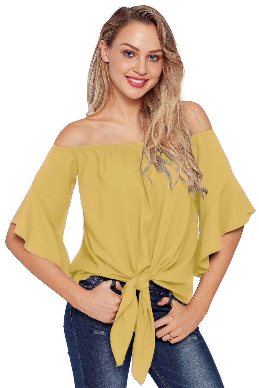 Women's Yellow Off The Shoulder Knot-Detail Front Blouse