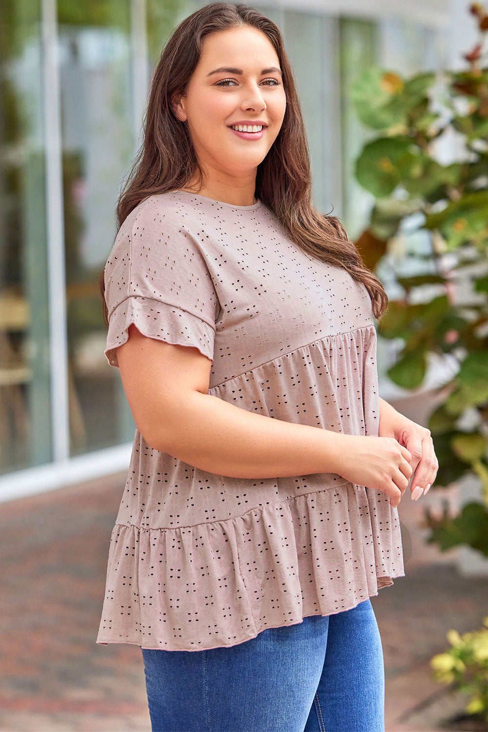 Babydoll Top for Women Plus Size Eyelet Pattern Ruffle-Trimmed Sleeve