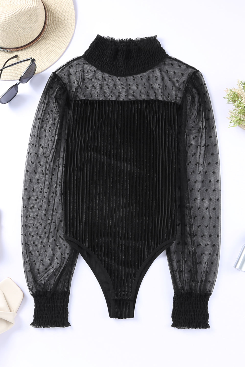 Women's Bodysuit with Velvet Semi-Sheer Dotty Rib-Knitted