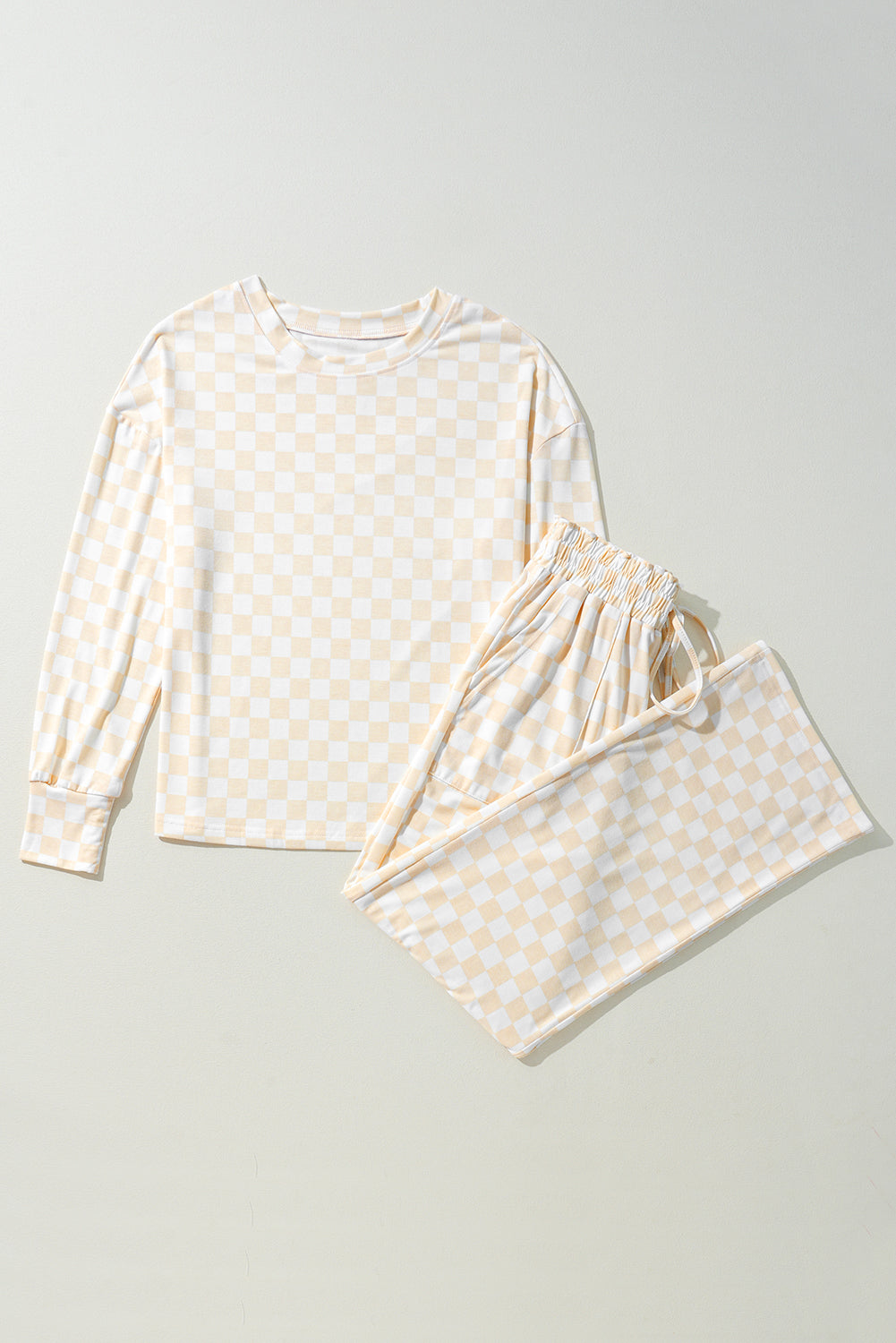 Checkered Print Long-Sleeved Top and Pants Lounge Set
