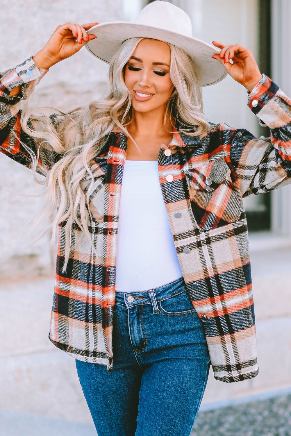 Shacket for Women Pocket-Detail Geometric Plaid