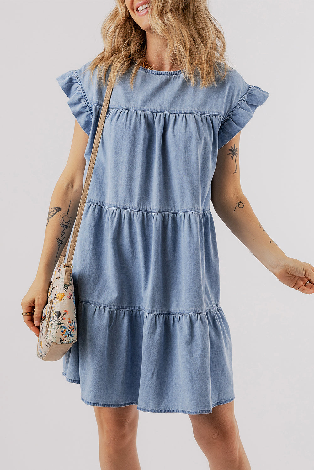 Women's Dress Featuring Ruffle-Trimmed Layered A-line Denim