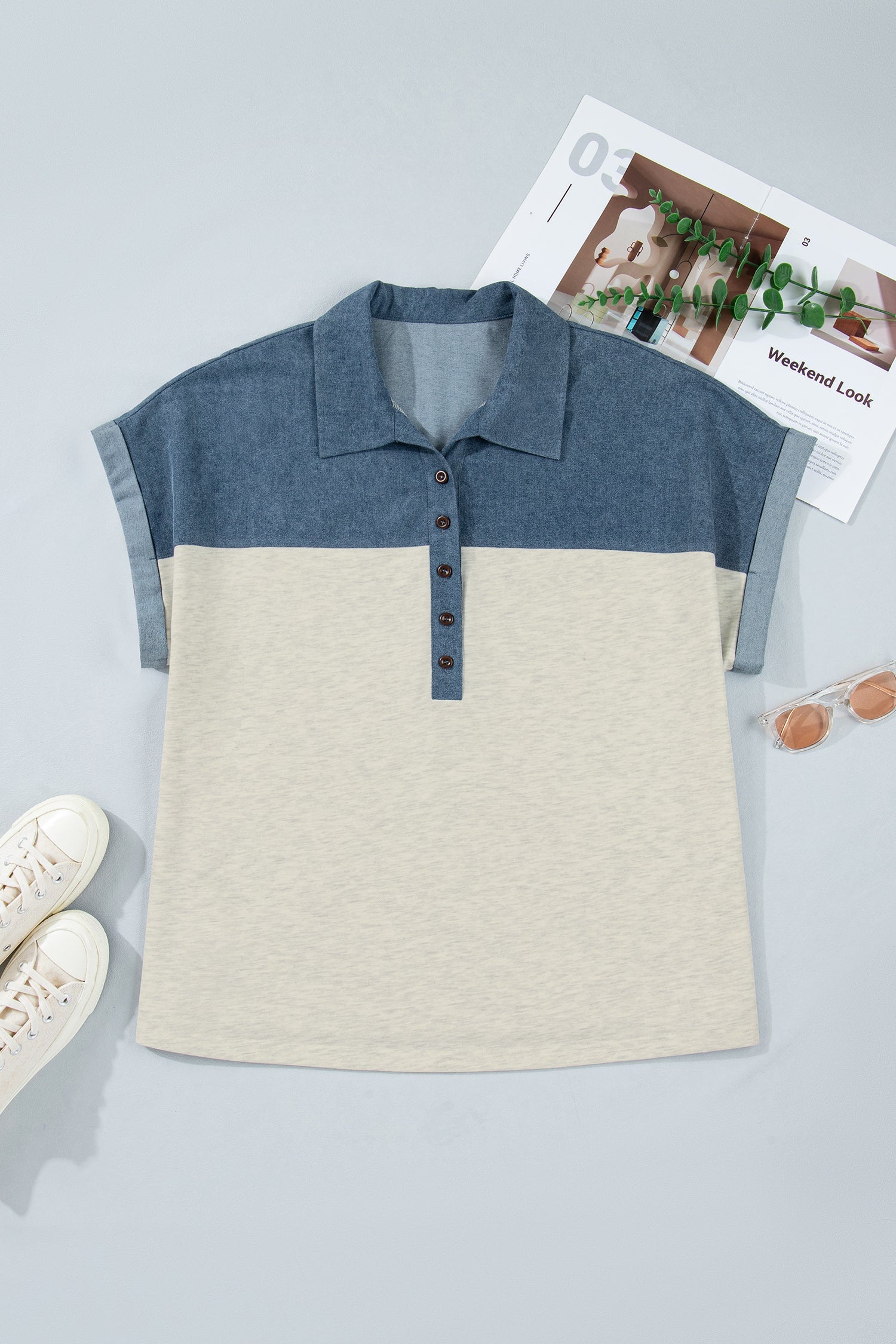 Light Buttons Grey Half Collared Denim Plus Short-Sleeved Top