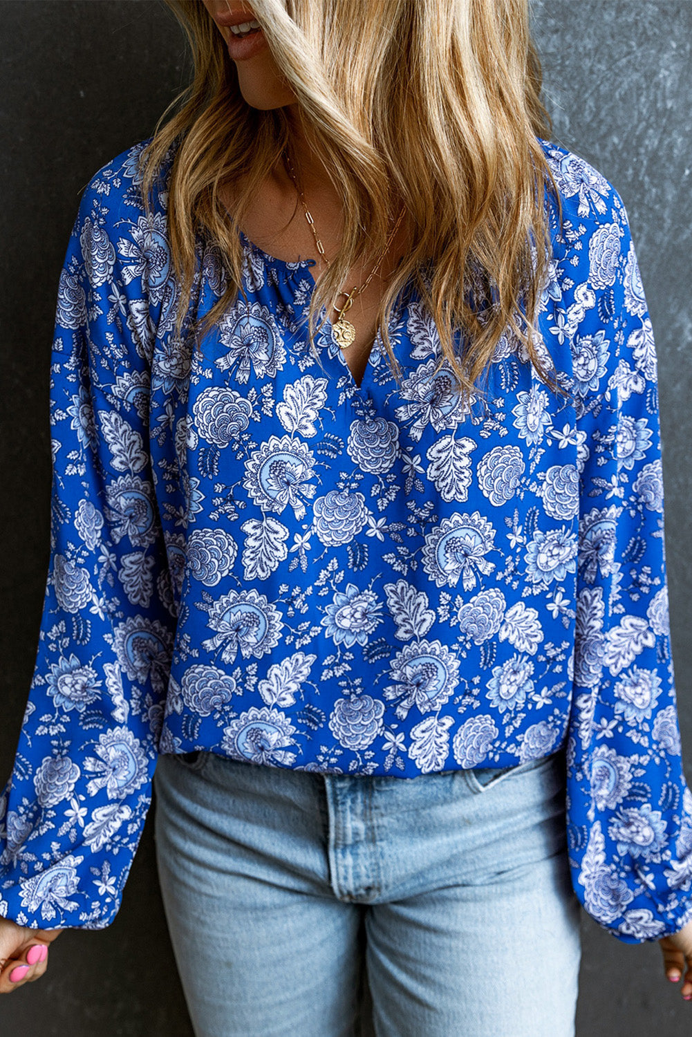 Blouse for Women Floral-Print Notched V Neck Long-Sleeve