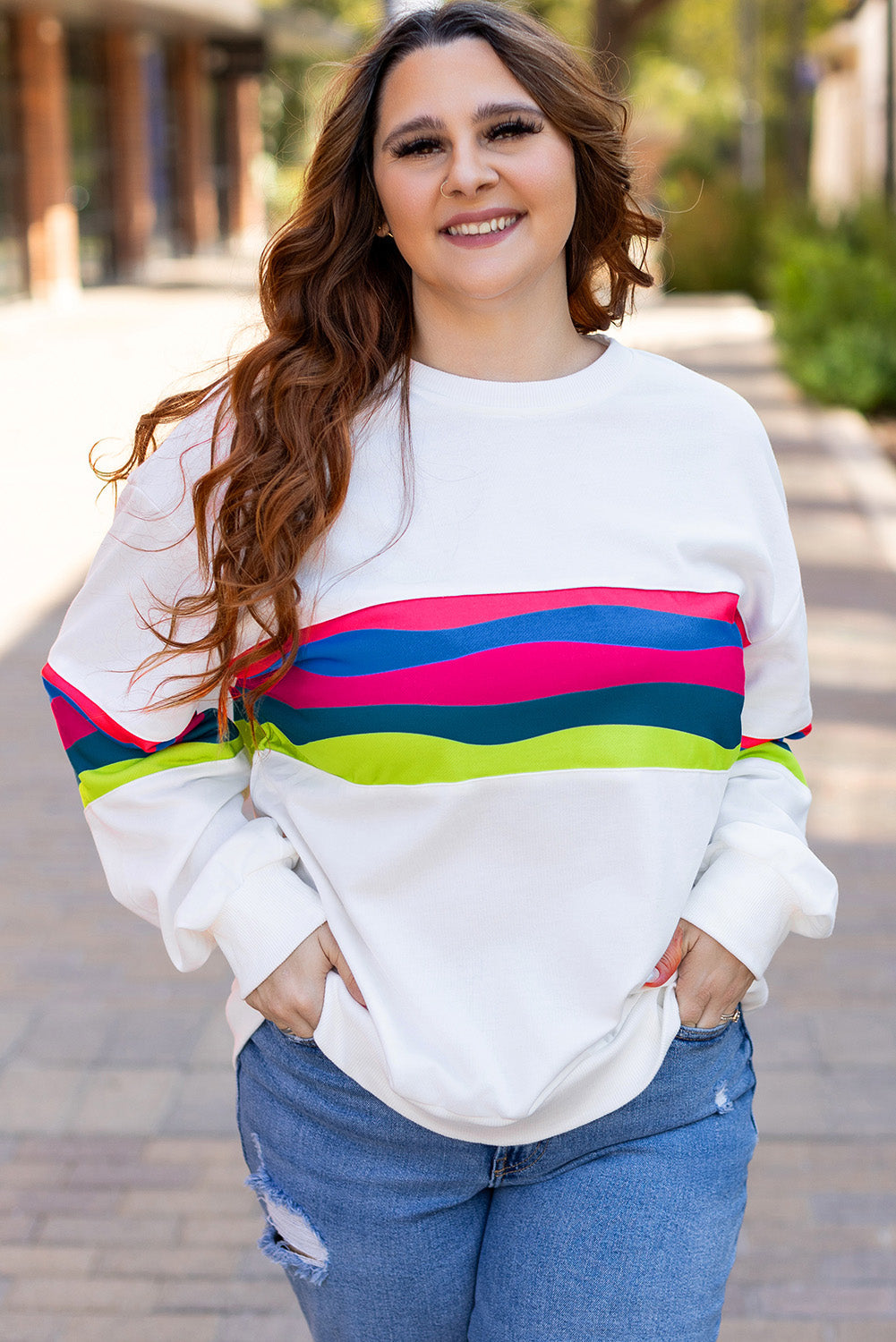 Plus Size Colorful Striped Drop Shoulder Loose Sweatshirt