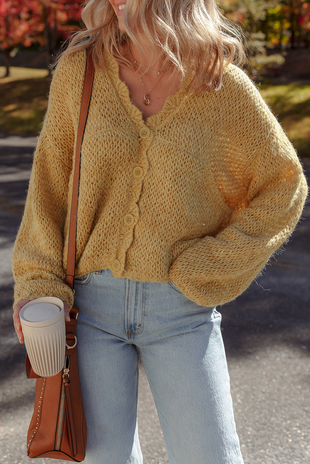 Scallop Lantern Sleeve V-Neck Button-Front Cropped Cardigan