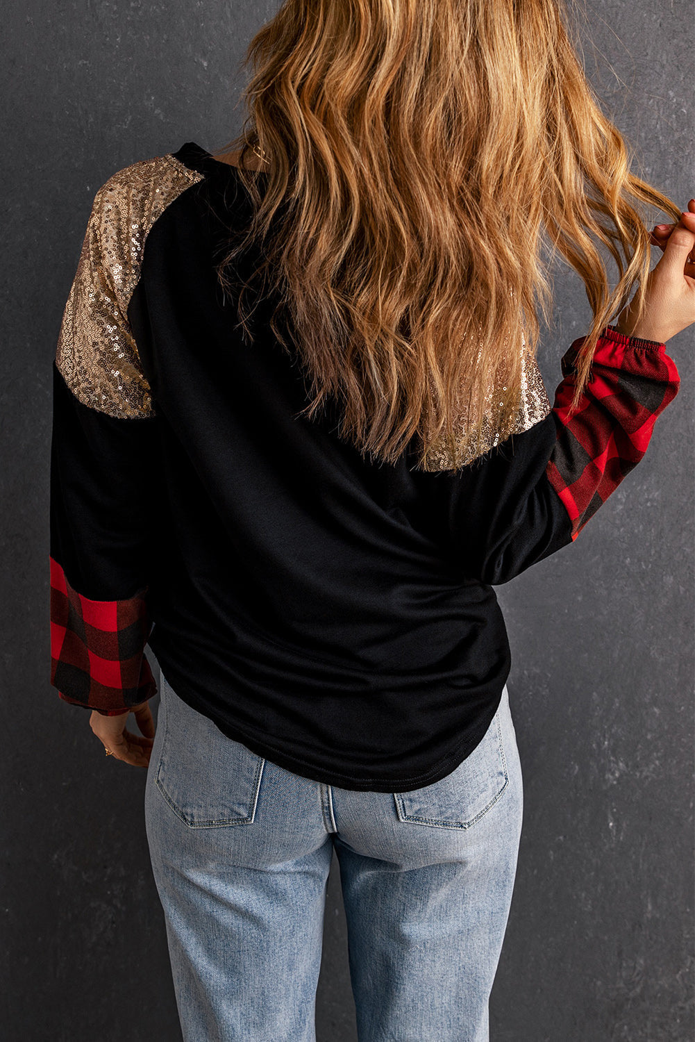 Women's Blouse with Crew Neck Plaid Splicing