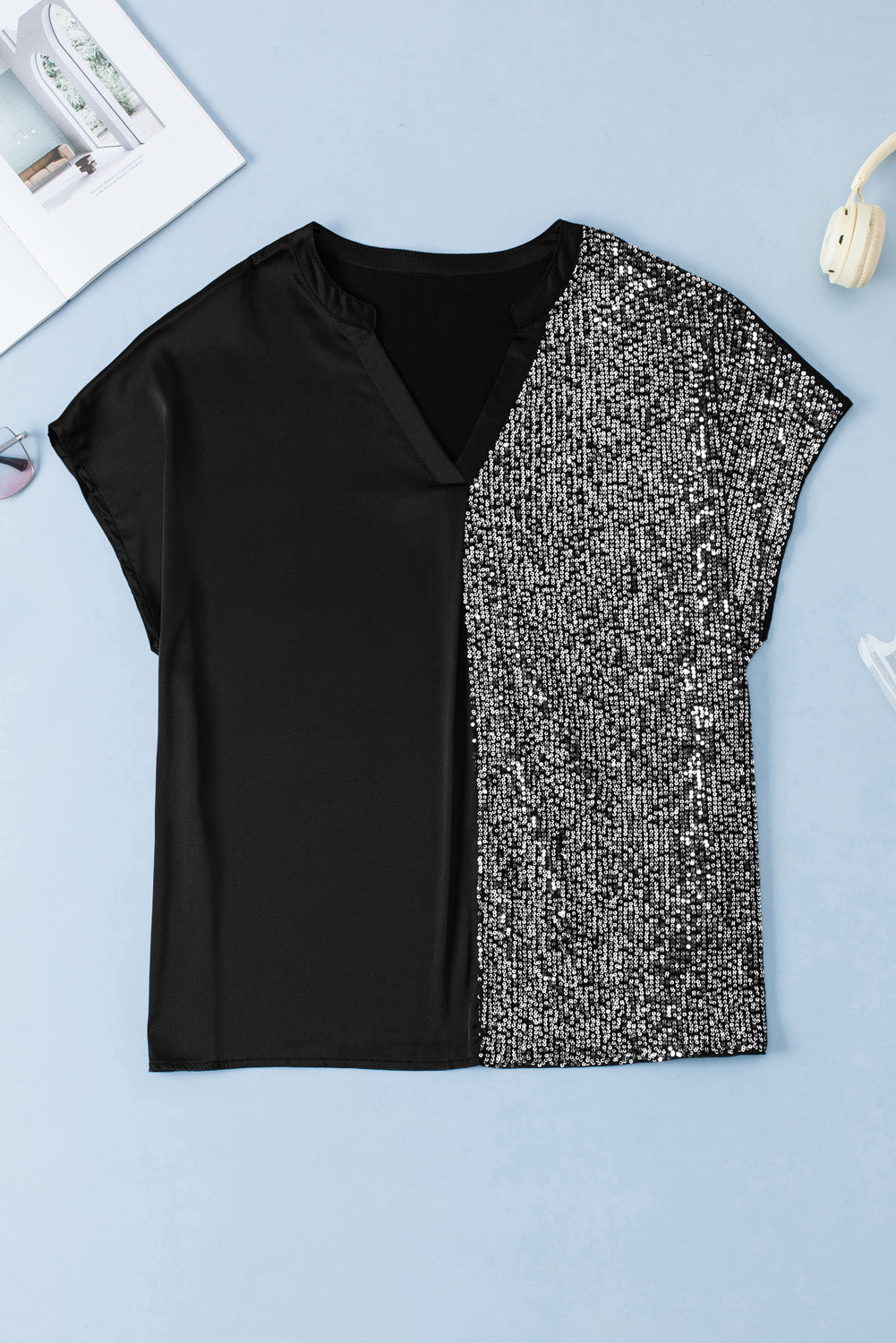 Women's Plus Size Sequined V Neck Tee