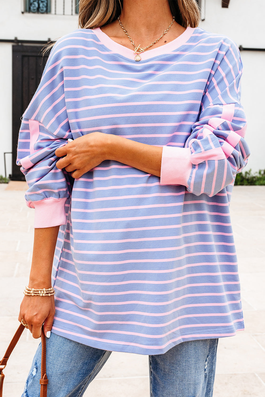 Stripe Trim Oversize Contrast Cotton Everyday Top in Sky Blue