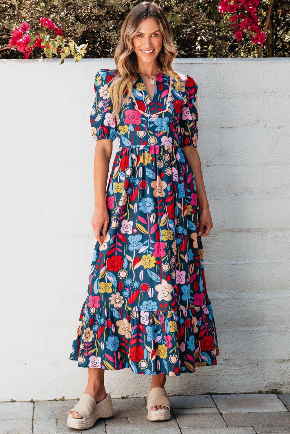 Women's Maxi Dress Featuring Retro Floral-Print Split Neck