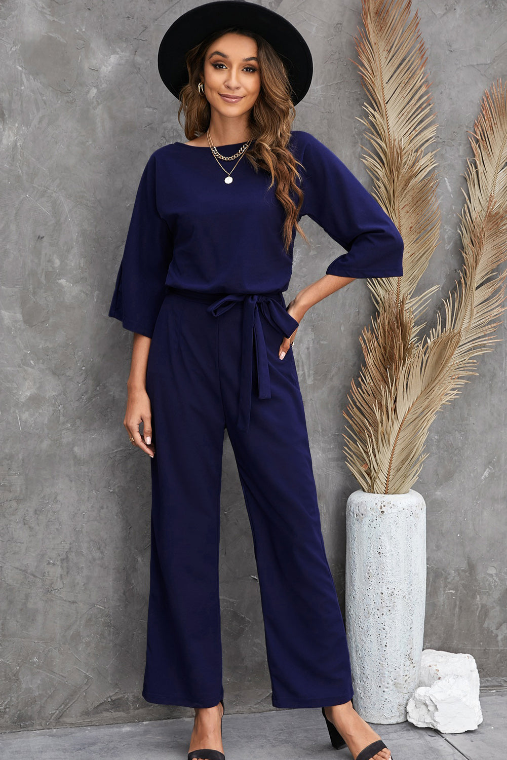 Women's Leg Jumpsuit Featuring Bracelet-Length Sleeve Waist Tie Wide