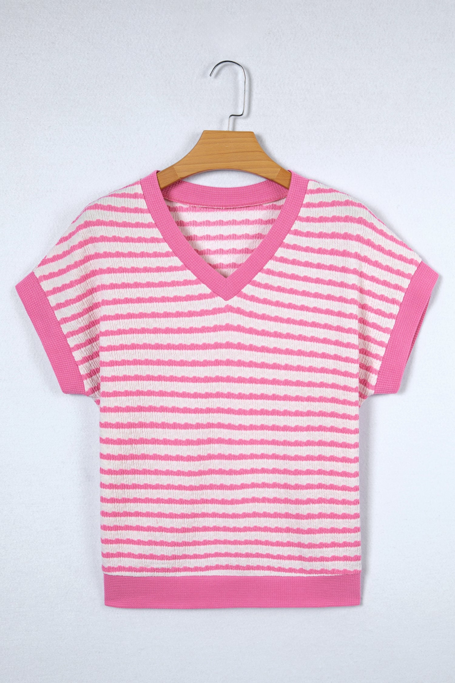 Cute Knit Pink Textured Contrast Trim Short-Sleeved Top
