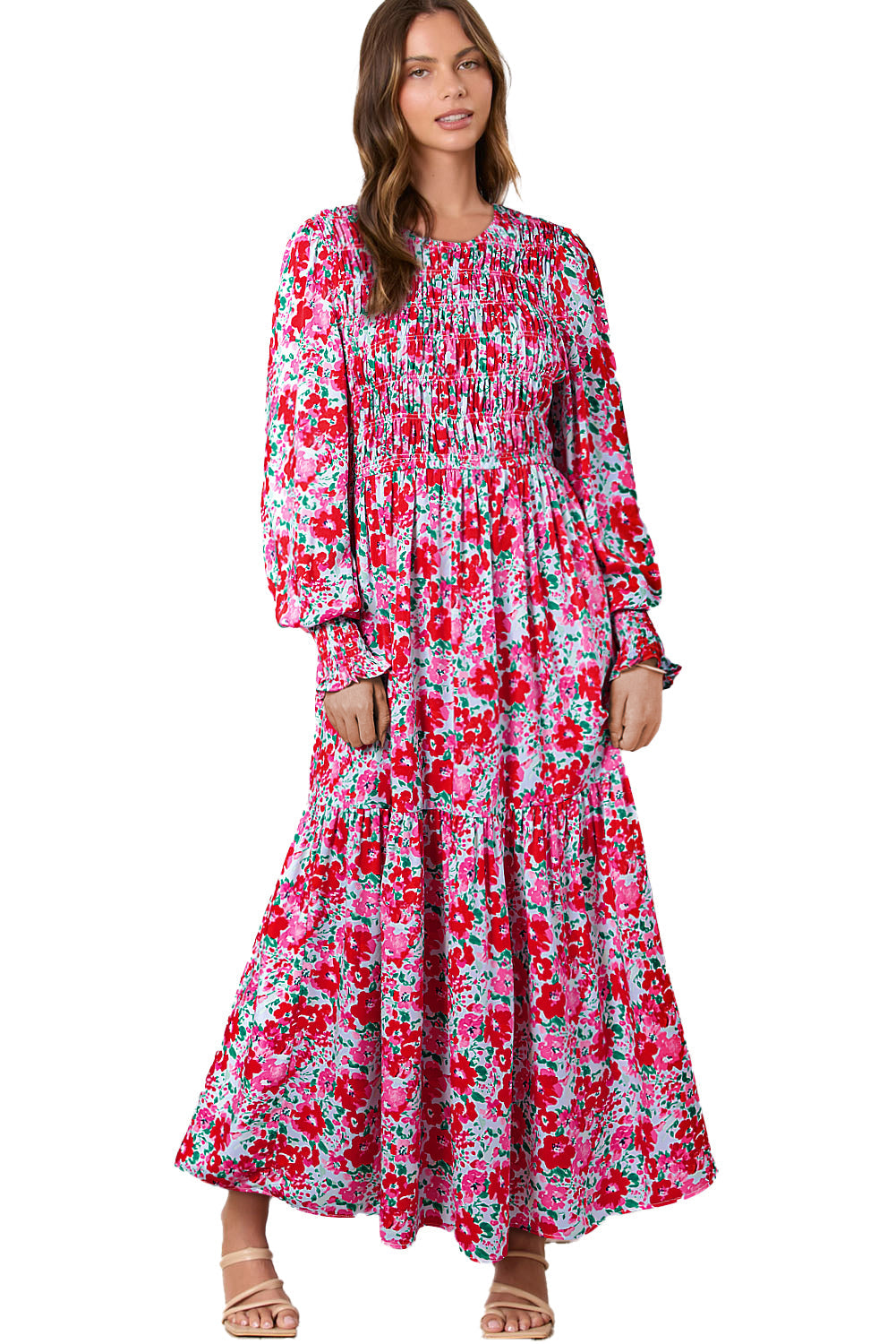Floral Print Smocked Lantern Sleeve Tiered Maxi Dress