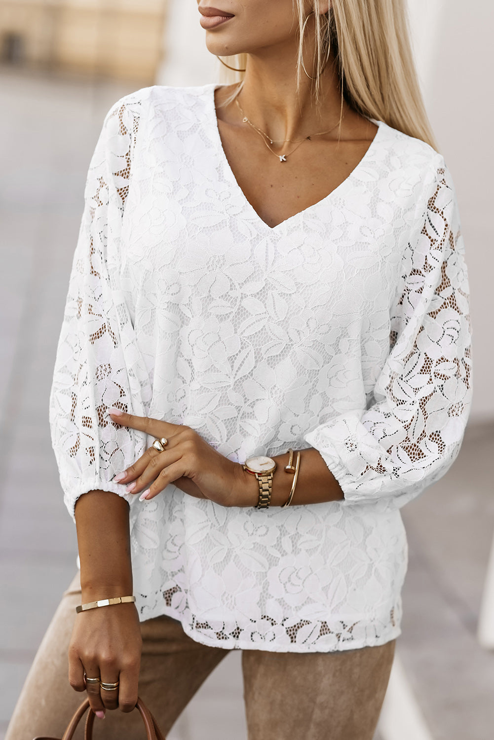 Women's Floral-Print Lace-Trimmed Fit V Neck Top