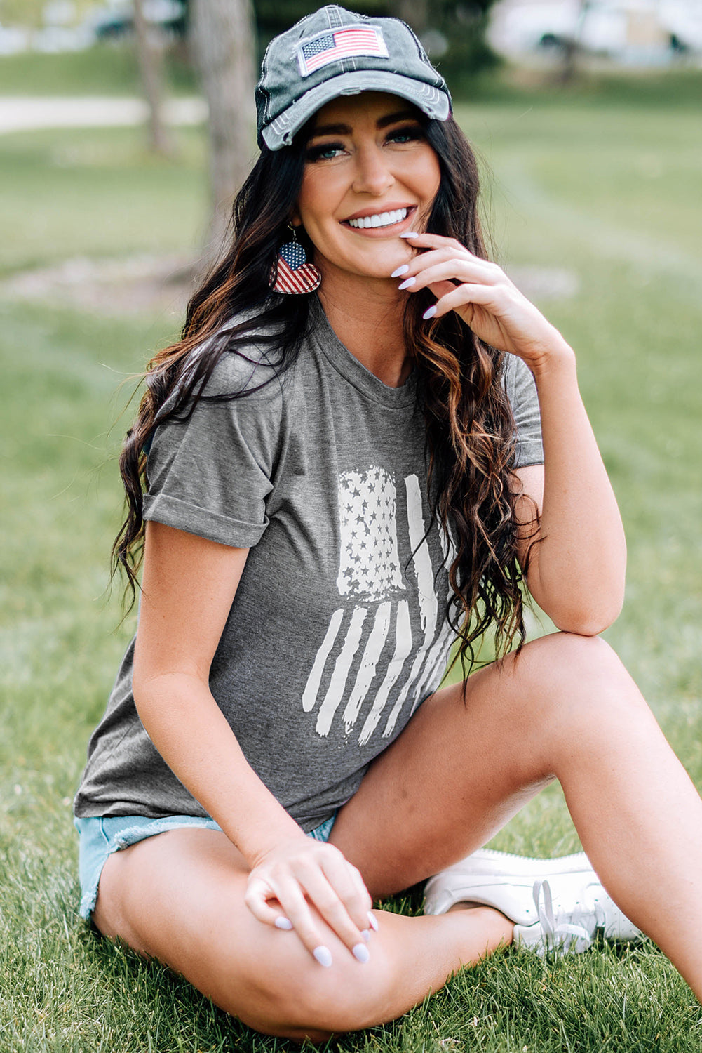 T-shirt for Women Crew Neck America Flag Print